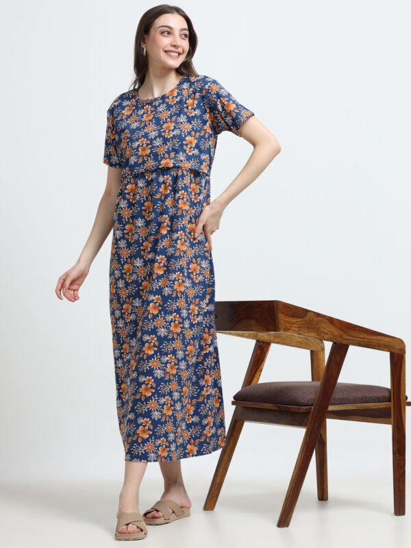 Blue Floral Printed Zipless Maternity Nightdress with Short Sleeves