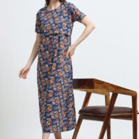 Blue Floral Printed Zipless Maternity Nightdress with Short Sleeves