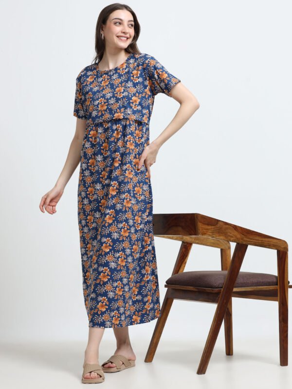 Blue Floral Printed Zipless Maternity Nightdress with Short Sleeves
