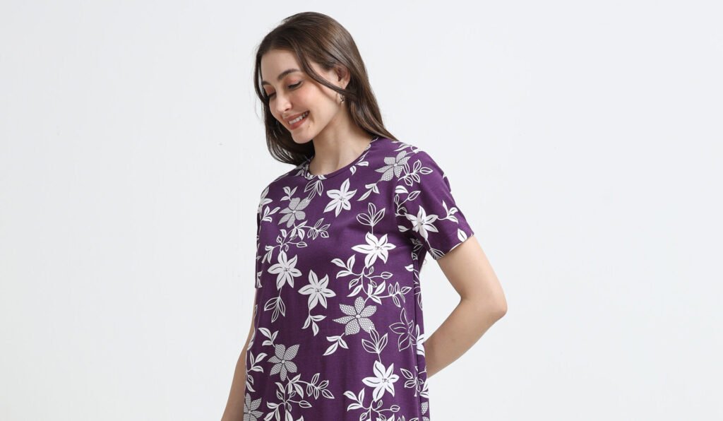 Women’s Floral Printed Cotton Blend Long T-Shirt Dress