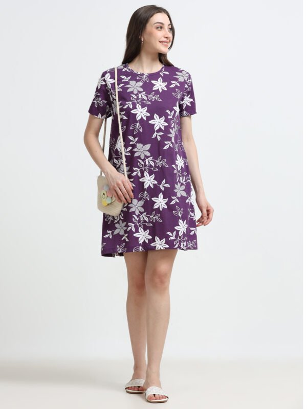 Women’s Floral Printed Cotton Blend Long T-Shirt Dress