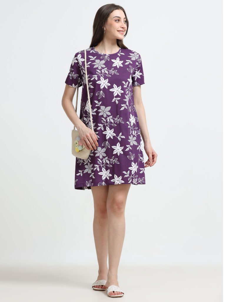 Women’s Floral Printed Cotton Blend Long T-Shirt Dress
