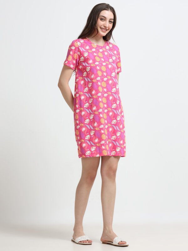 Women’s Pink Flamingo Printed Cotton Long T-Shirt Dress