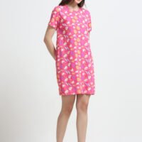Women’s Pink Flamingo Printed Cotton Long T-Shirt Dress