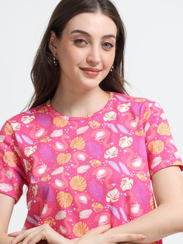 Women’s Pink Flamingo Printed Cotton Long T-Shirt Dress