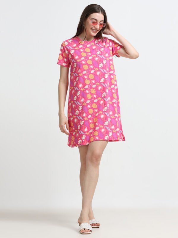 Women’s Pink Flamingo Printed Cotton Long T-Shirt Dress
