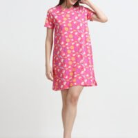 Women’s Pink Flamingo Printed Cotton Long T-Shirt Dress