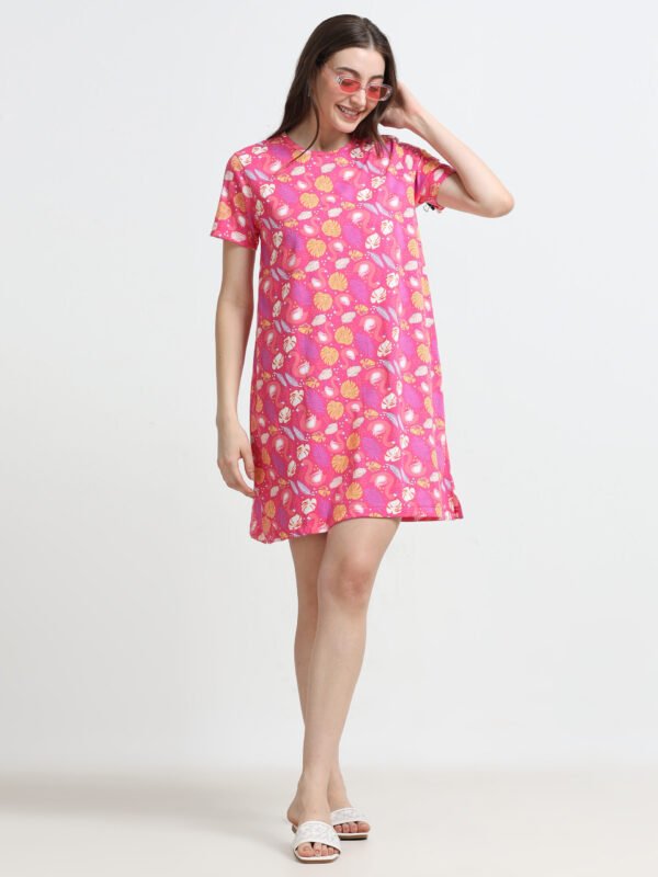 Women’s Pink Flamingo Printed Cotton Long T-Shirt Dress