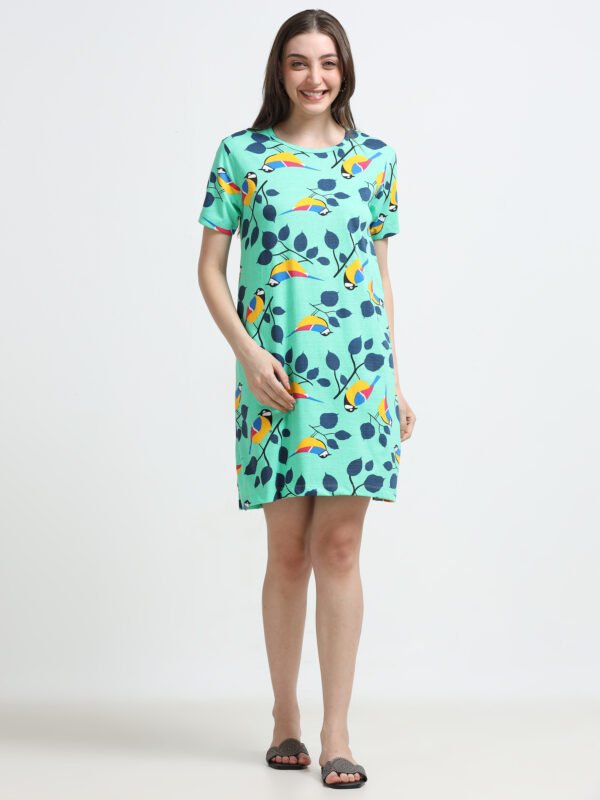 Women’s Mint Green Bird Printed Long T-Shirt Dress