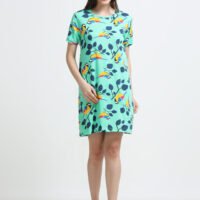 Women’s Mint Green Bird Printed Long T-Shirt Dress
