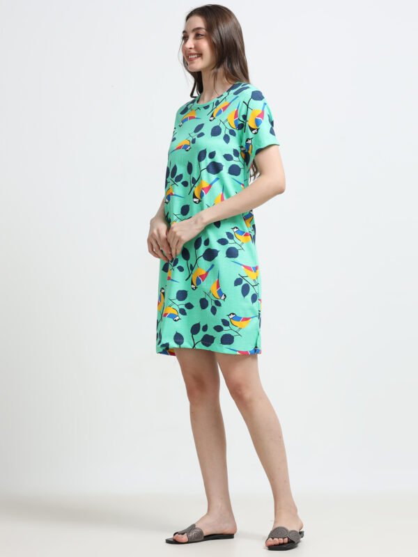 Women’s Mint Green Bird Printed Long T-Shirt Dress