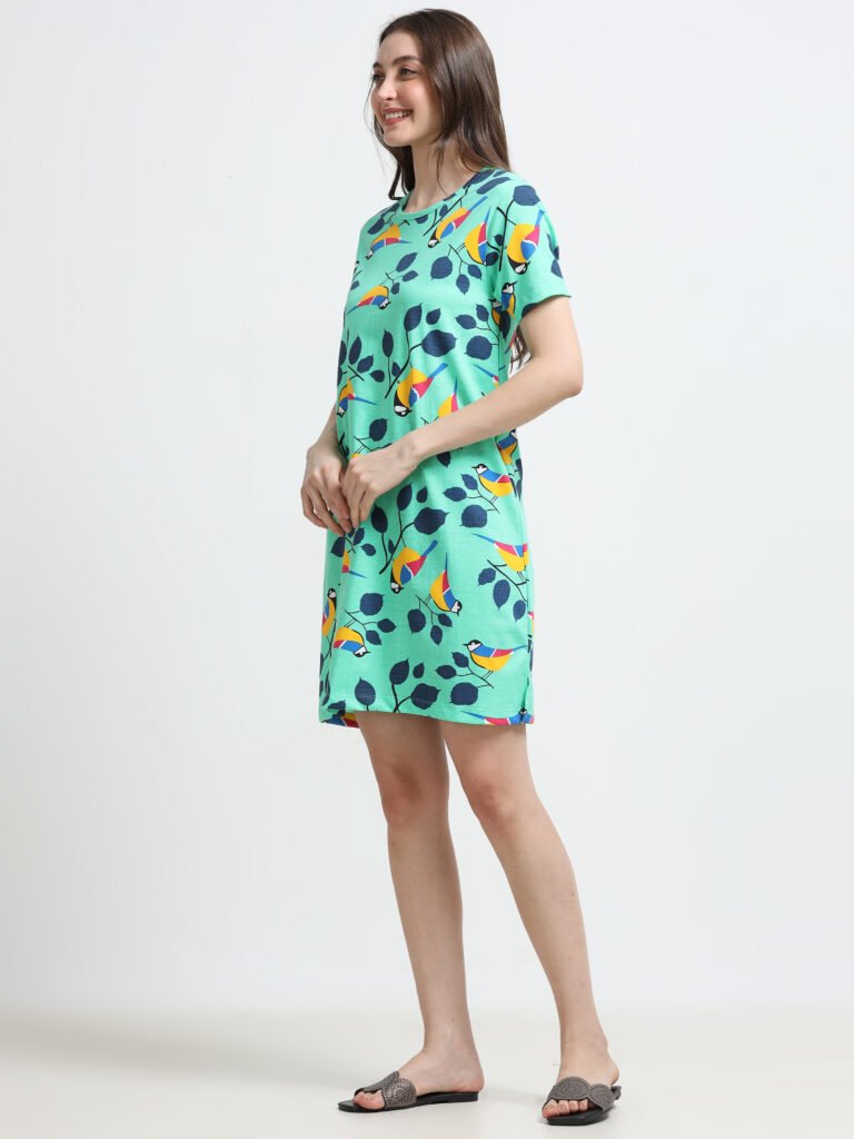 Women’s Mint Green Bird Printed Long T-Shirt Dress
