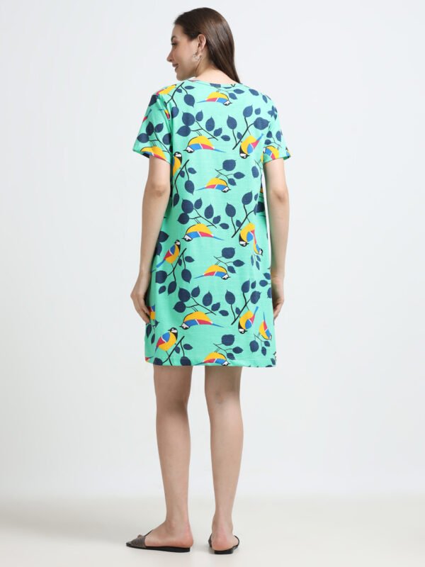 Women’s Mint Green Bird Printed Long T-Shirt Dress