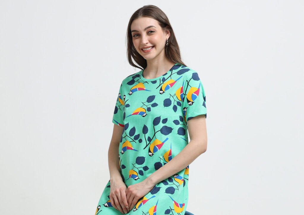 Women’s Mint Green Bird Printed Long T-Shirt Dress