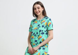 Women’s Mint Green Bird Printed Long T-Shirt Dress
