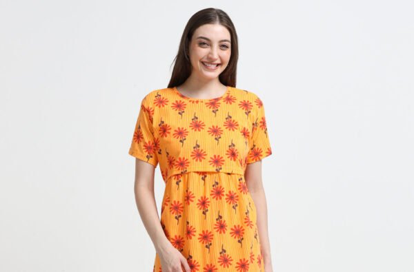 Women’s Orange Floral Printed Zipless Maternity Feeding Nighty