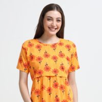Women’s Orange Floral Printed Zipless Maternity Feeding Nighty