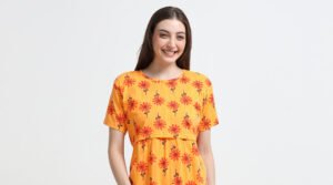 Women’s Orange Floral Printed Zipless Maternity Feeding Nighty
