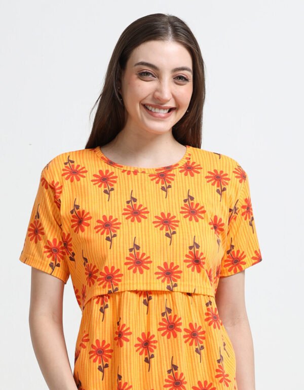 Women’s Orange Floral Printed Zipless Maternity Feeding Nighty