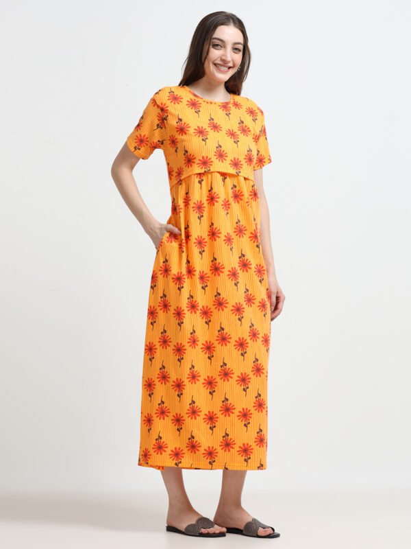 Women’s Orange Floral Printed Zipless Maternity Feeding Nighty