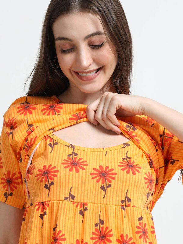 Women’s Orange Floral Printed Zipless Maternity Feeding Nighty