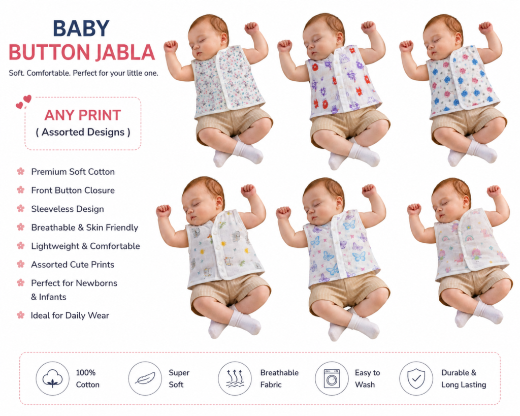 Baby Cotton Front Button Jabla | Soft Newborn Sleeveless Button Vest | Pack of 6 Printed Designs