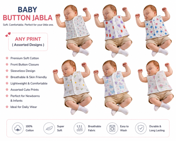 Baby Cotton Front Button Jabla | Soft Newborn Sleeveless Button Vest | Pack of 6 Printed Designs