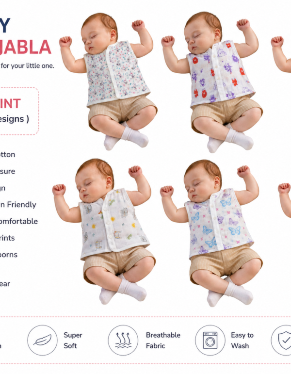 Baby Cotton Front Button Jabla | Soft Newborn Sleeveless Button Vest | Pack of 6 Printed Designs