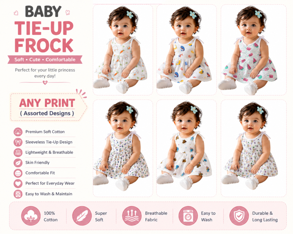 Baby Cotton Printed Tie-Up Frock | Soft Sleeveless Baby Dress | Newborn & Infant Casual Wear | Any print