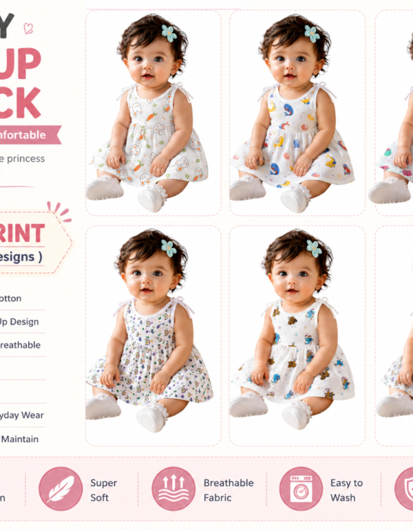 Baby Cotton Printed Tie-Up Frock | Soft Sleeveless Baby Dress | Newborn & Infant Casual Wear | Any print